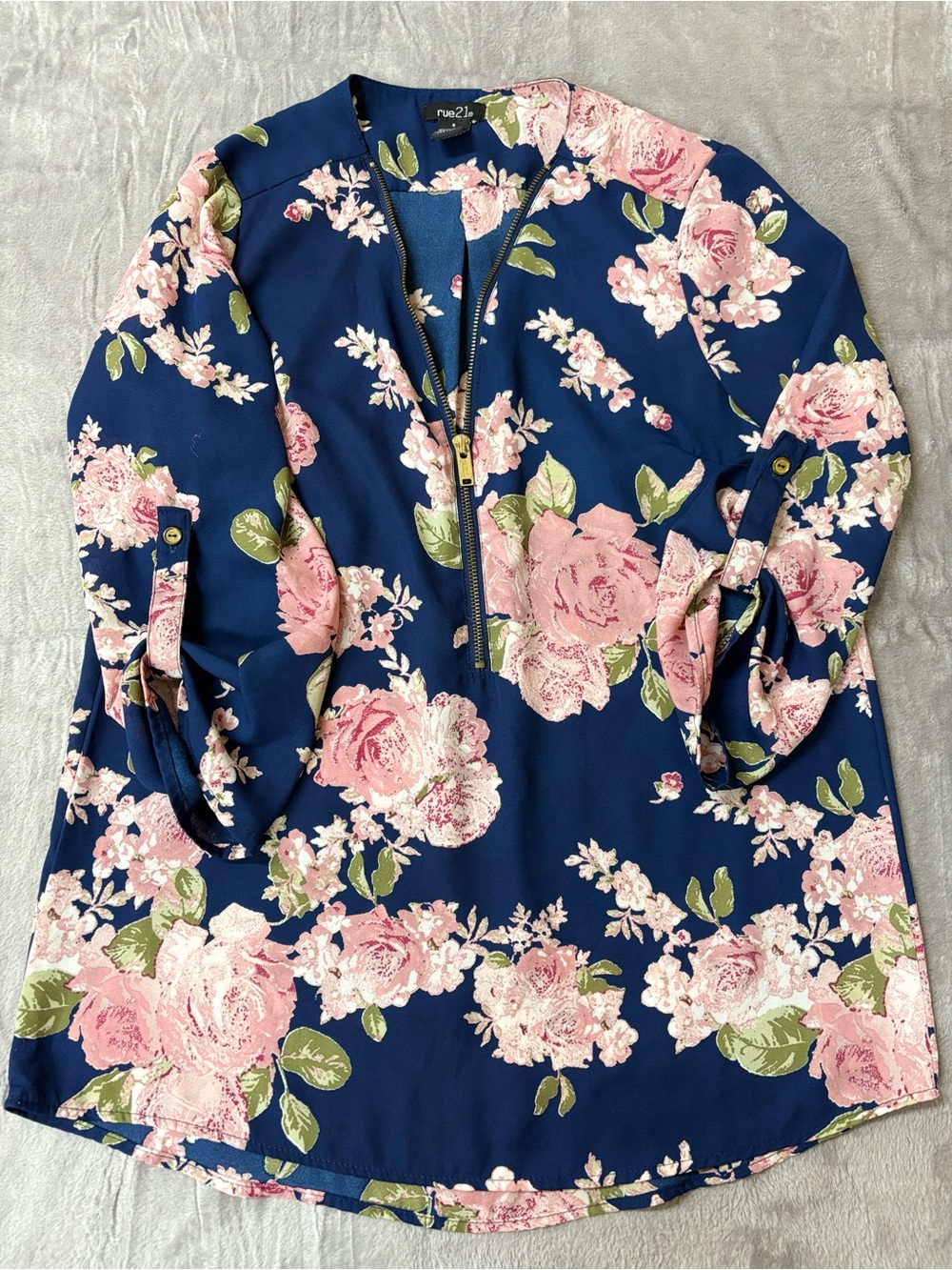 Rue21 Navy Blue Floral Zip-Front Tunic
